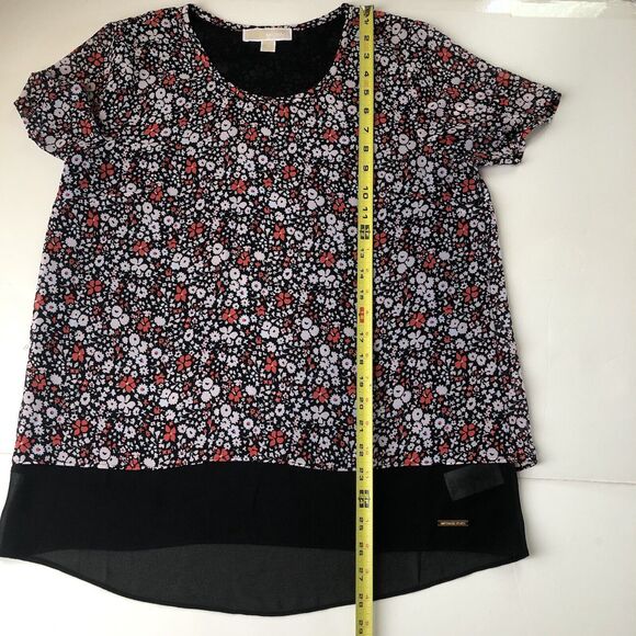 Michael Kors Womens Floral Short Sleeve Blouse Split Back Sheer Size Medium - Picture 6 of 13